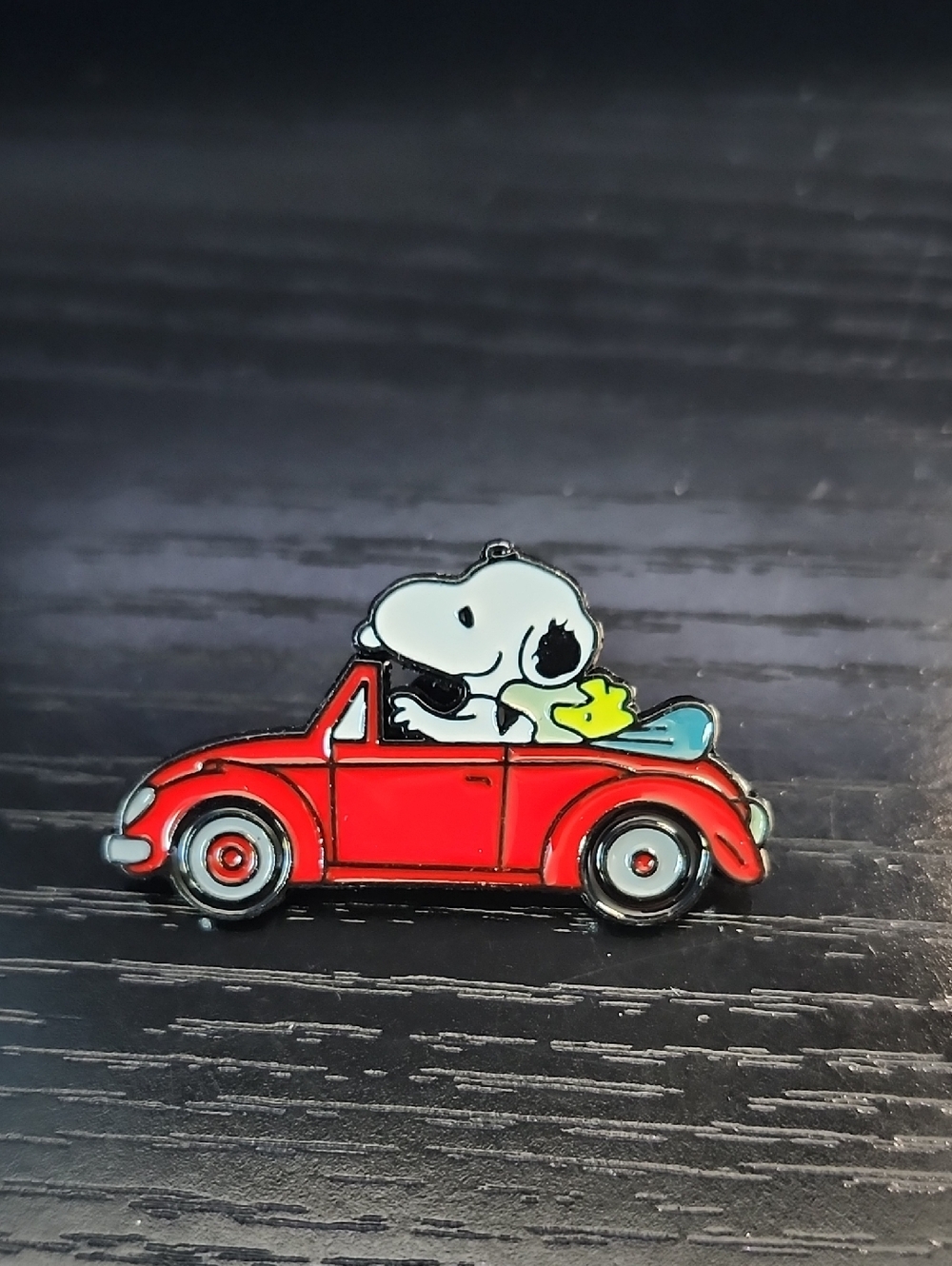 Peanuts Snoopy and Woodstock in a Red Convertible Car Enamel Pin
